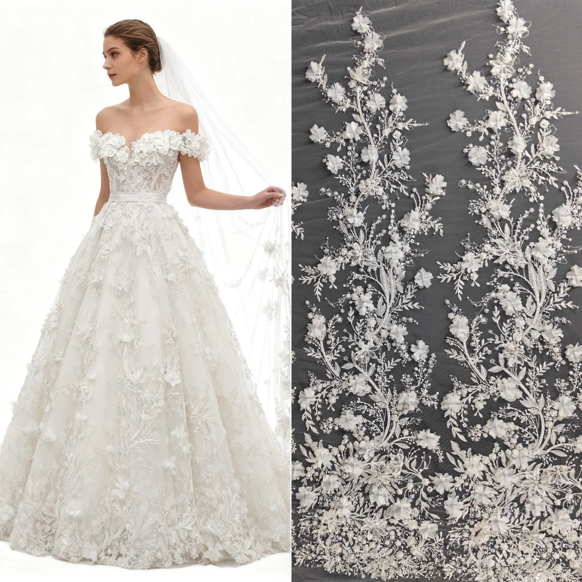 Tela con bordado de encaje, para vestido de novia, velo, cortina de puerta, mantel, con cuentas de perlas y flores de hoja nueva