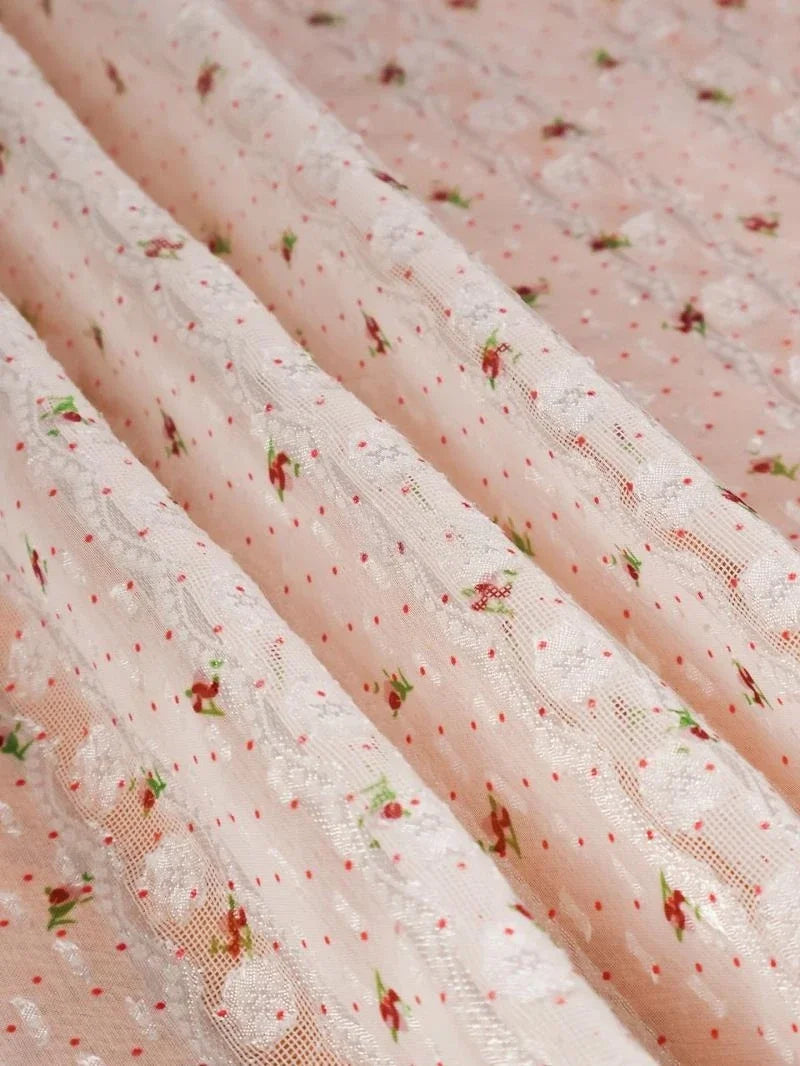قماش شيفون أورجانزا جاكار دانتيل منقط وردي - مادة شفافة زهرية