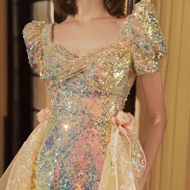 New Diamond Shaped Sequin Lace Fishtail Dress Clothing With Special Lace Sequin Fabric, Super Sparkling Lace Sequin Fabric