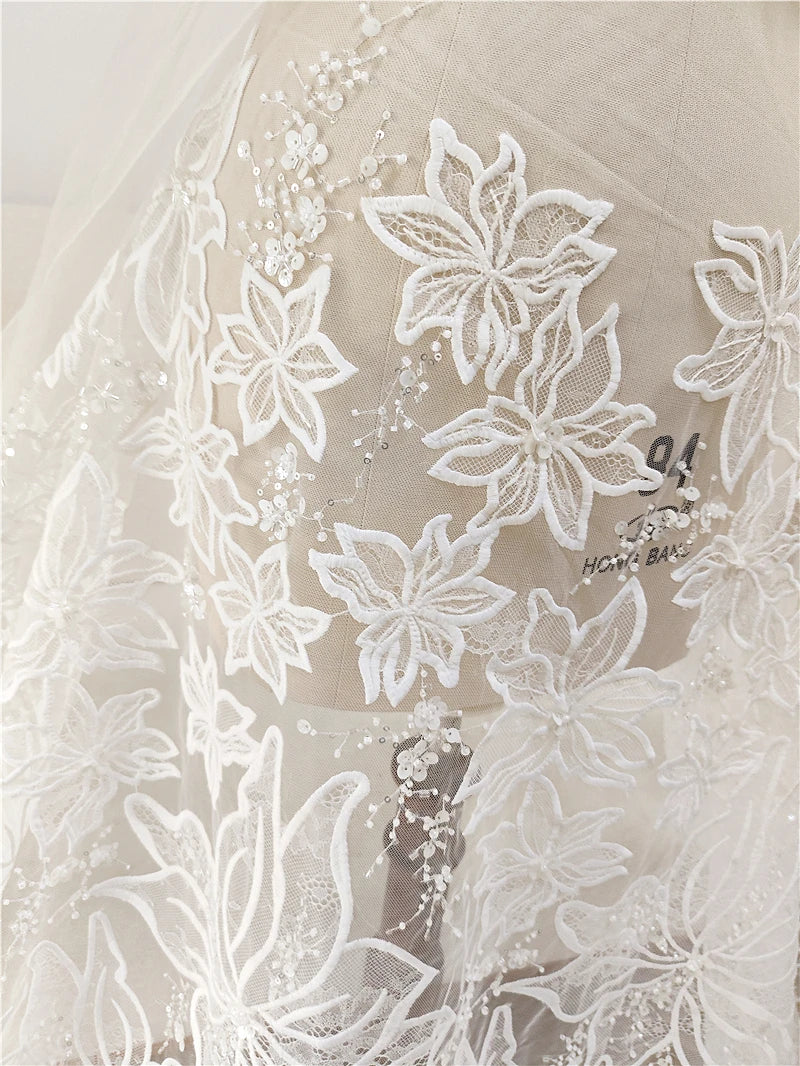 Tela de malla bordada con cuentas de encaje blanco para uñas, hecha a mano, para decoración de vestidos de novia y ropa.