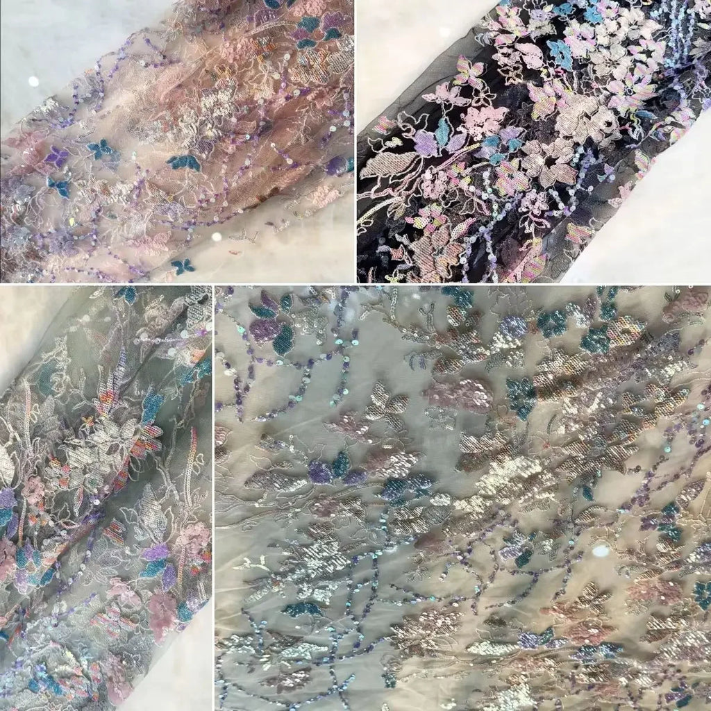 Tela de bordado de cuentas ultra densa y brillante, con un brillo intenso y un fuerte impacto visual, para vestido de alta gama con tela de encaje de malla de 1 yarda.