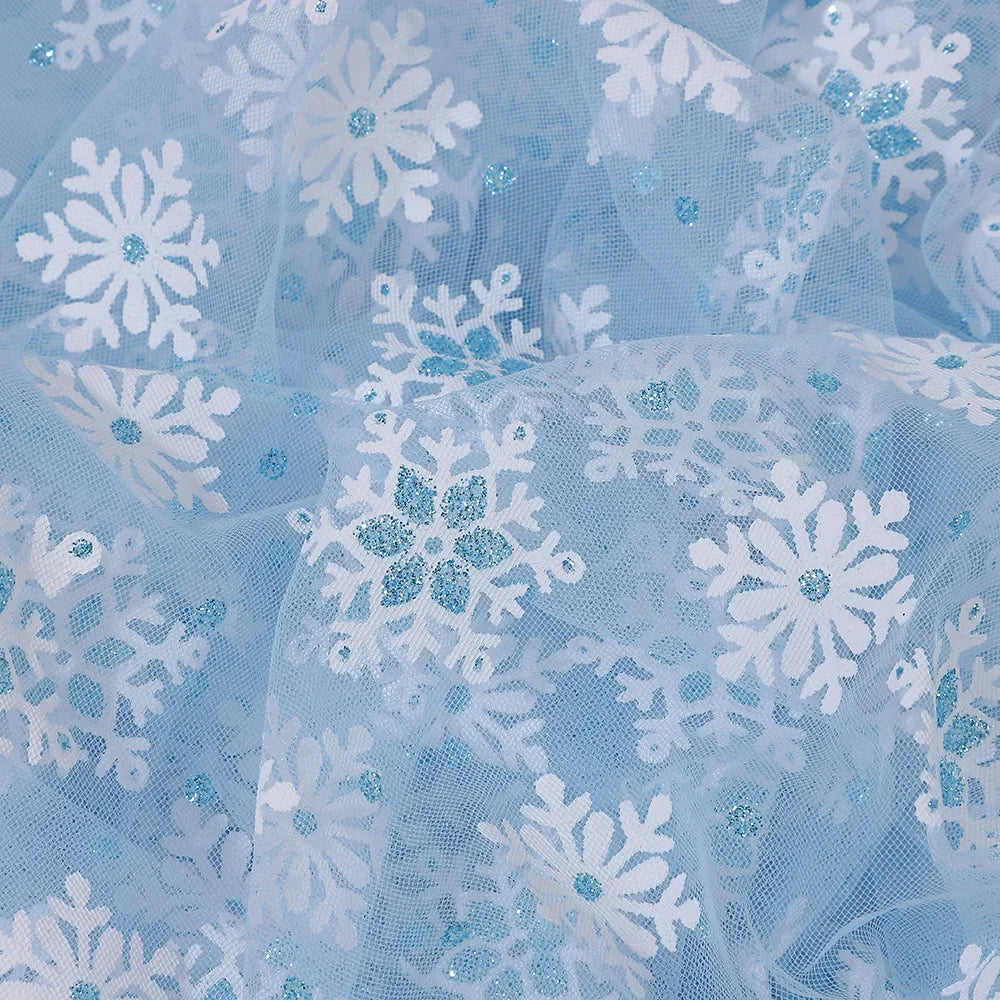 Tela de malla suave con copos de nieve blancos de cristal de hielo, ideal para vestidos infantiles, faldas de fiesta, disfraces de Halloween y proyectos de decoración DIY.