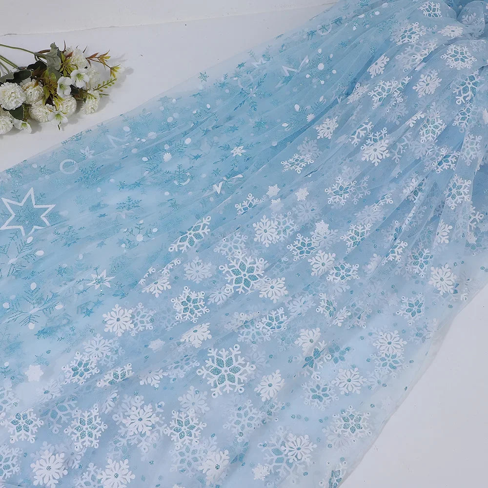 Tela de malla suave con copos de nieve blancos de cristal de hielo, ideal para vestidos infantiles, faldas de fiesta, disfraces de Halloween y proyectos de decoración DIY.