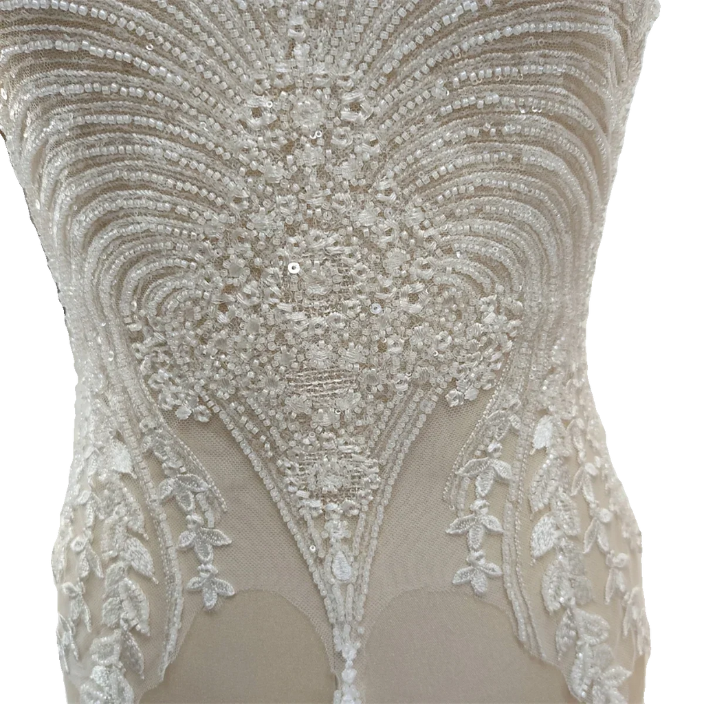 تطريز خرز على حافة زهرة من الدانتيل - زينة صدر فستان الزفاف 60 × 40 سم