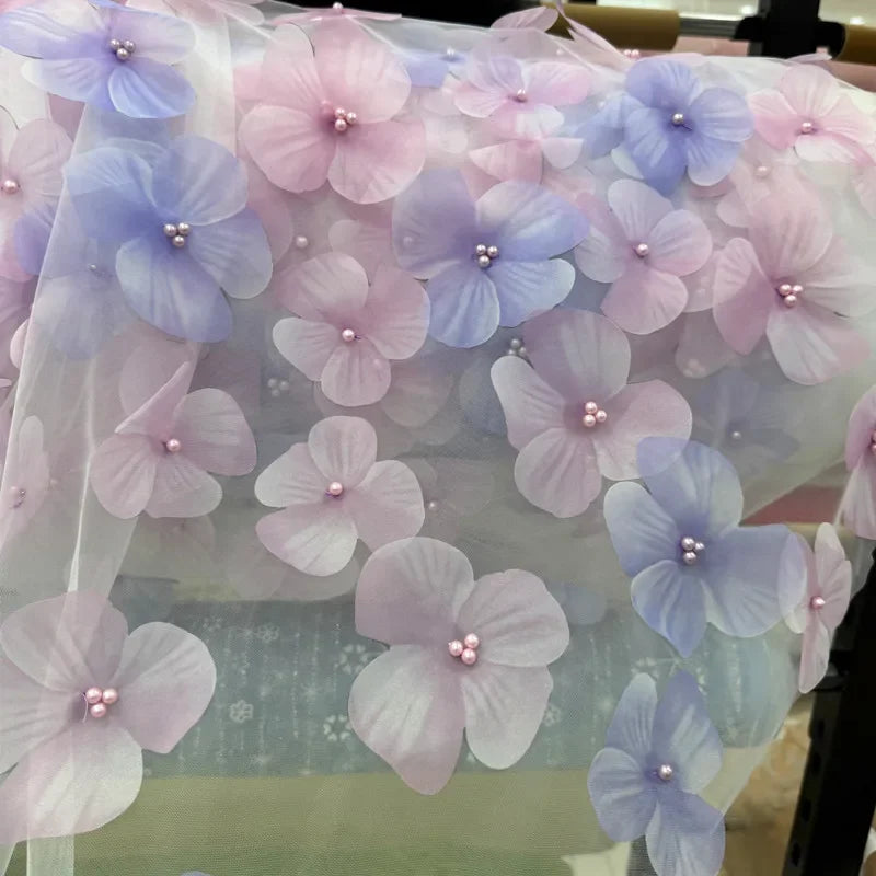 Dreamy Gradient 3D Floral Pearl Mesh Fabric Colorful Embroidered Tulle Soft Sheer Material For Bridal Dress Stage Decoration DIY