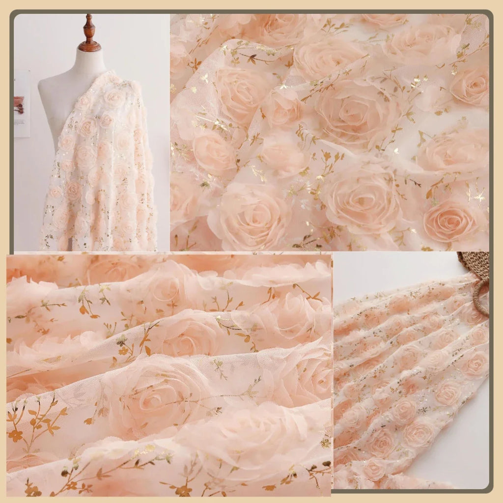 Tela de encaje con corona de rosas naranja y rosa con bordado dorado para vestido de verano de mujer, elegante material floral para costura de moda.