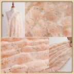 Tela de encaje con corona de rosas naranja y rosa con bordado dorado para vestido de verano de mujer, elegante material floral para costura de moda.