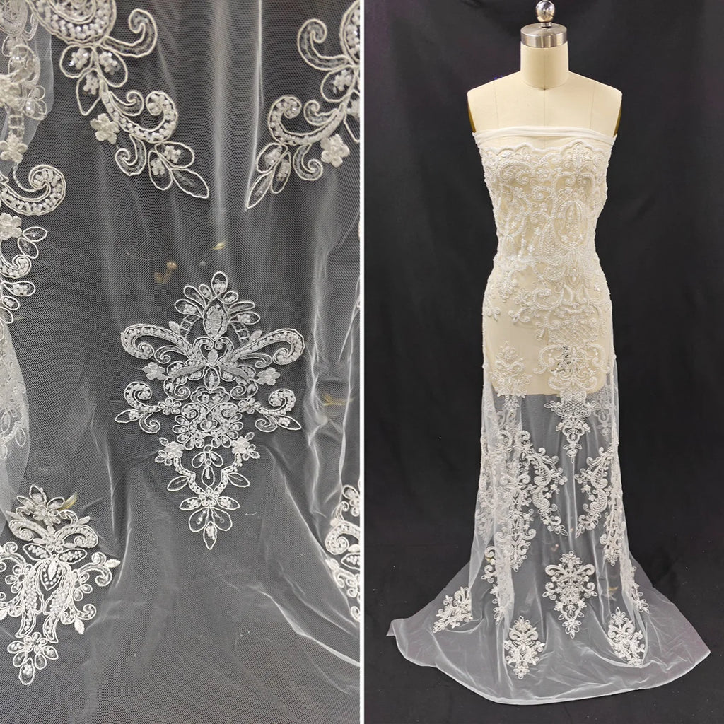 Nueva tela de encaje bordado con cuentas de alta gama, color blanco crudo, para coser vestidos de novia, vestidos de noche y accesorios decorativos DIY.