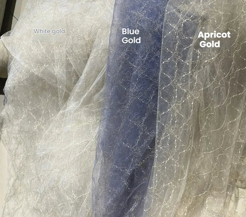 قماش دانتيل بلون المشمش الرمادي والأزرق والذهبي لفستان الزفاف، قماش شبكي مع تفاصيل الخيوط