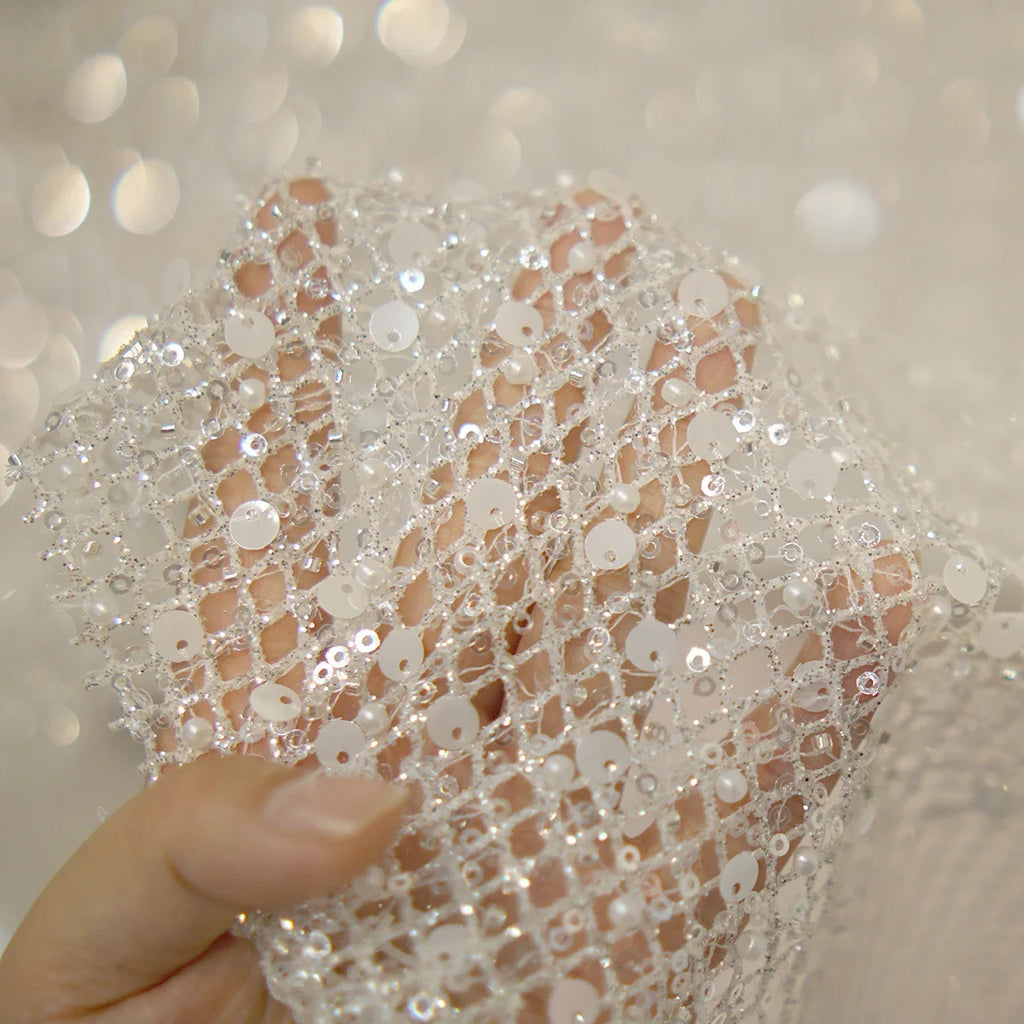 White Glitter Sequin Mesh Fabric for Bridal and Evening Gowns