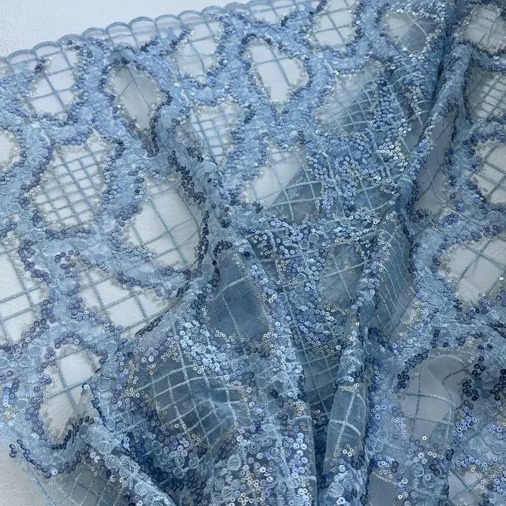 Blue Sequin Abstract Embroidered Net Lace Fabric Three Dimensional Sheer Material for Dress Set DIY Handmade Garment Craft