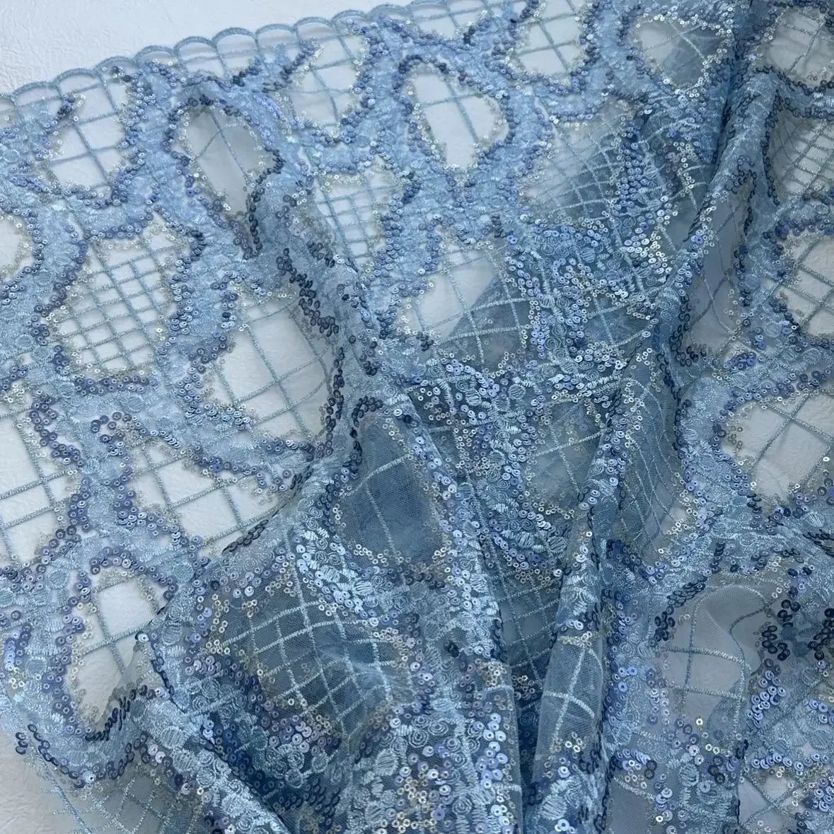 Blue Sequin Abstract Embroidered Net Lace Fabric Three Dimensional Sheer Material for Dress Set DIY Handmade Garment Craft