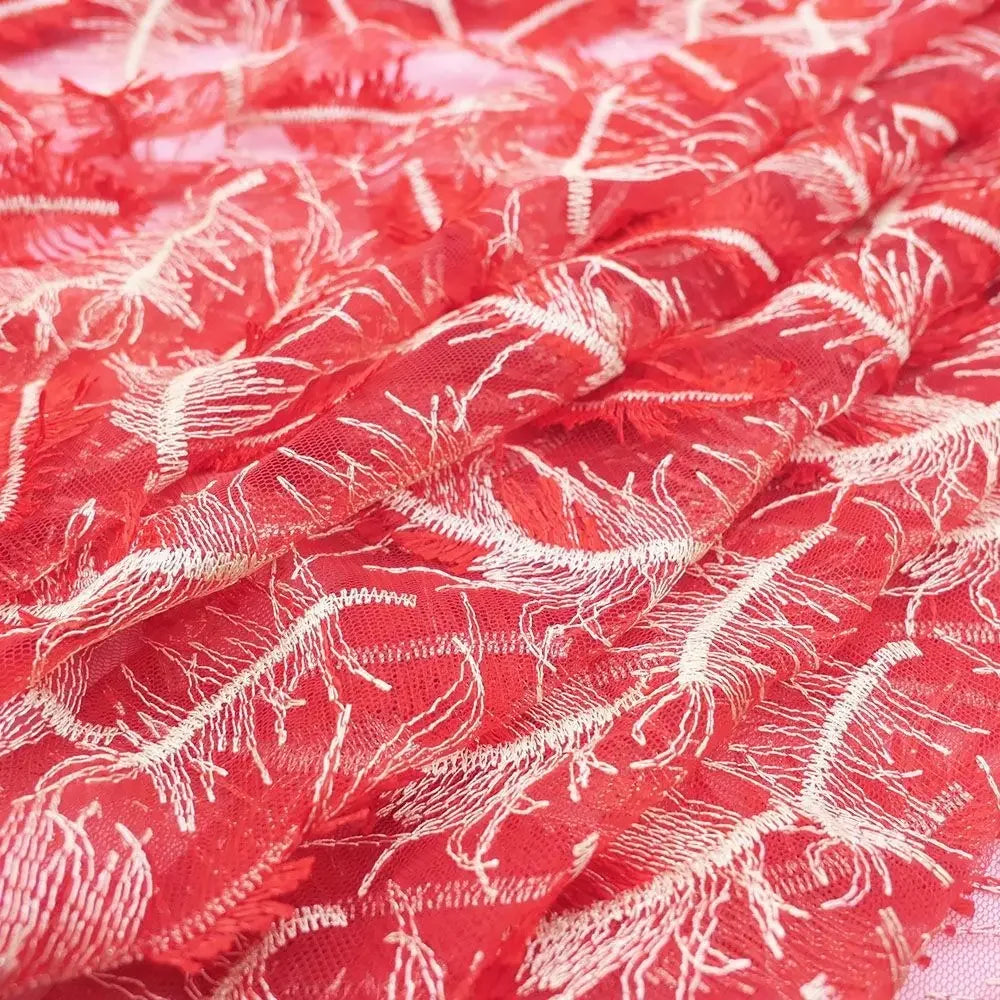 Tela de encaje con bordado de plumas tridimensional para vestido de noche, vestido de novia, hecho a mano, material de alta gama para ropa de mujer.
