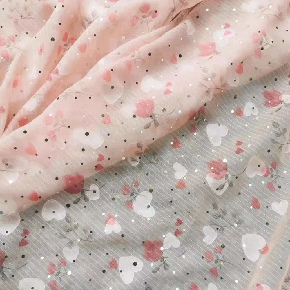 Pink Gold Embroidered Chiffon Fabric Small Floral Lace Hanfu Style Material for Half Length Dress Costume Blouse DIY Sewing