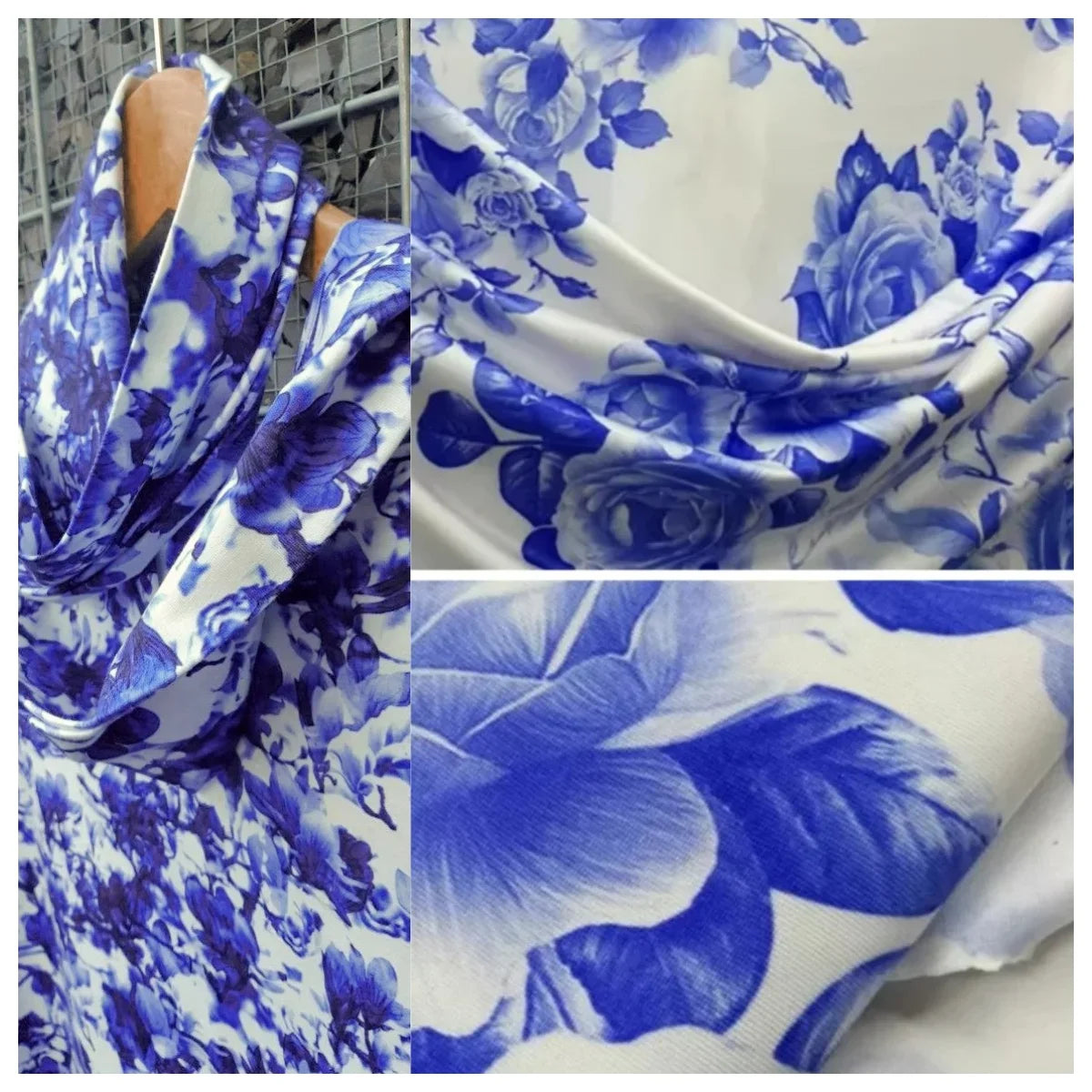 Blue Rose Embroidered Silk Fabric - Porcelain for Evening Gowns & Shawls