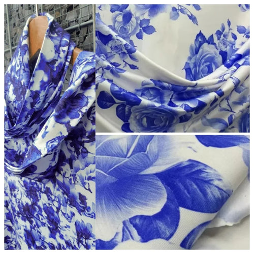 Blue Rose Embroidered Silk Fabric - Porcelain for Evening Gowns & Shawls - fabric photo 2