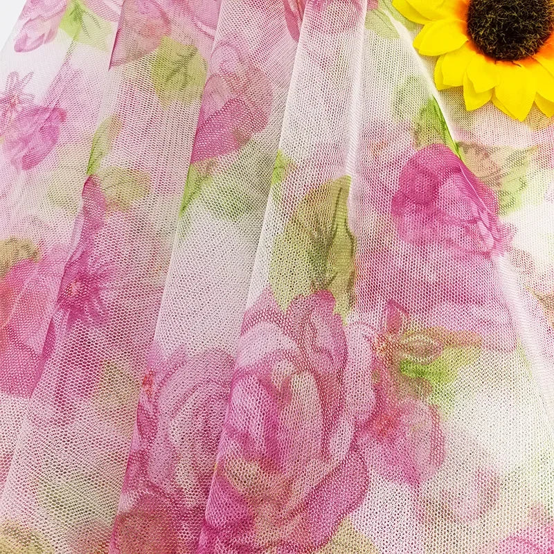 Peony Flower Pattern Hexagonal Mesh Digital Prints Mesh Fabric In Red And Green For Cape Skirts Children's Clothing And Home Use