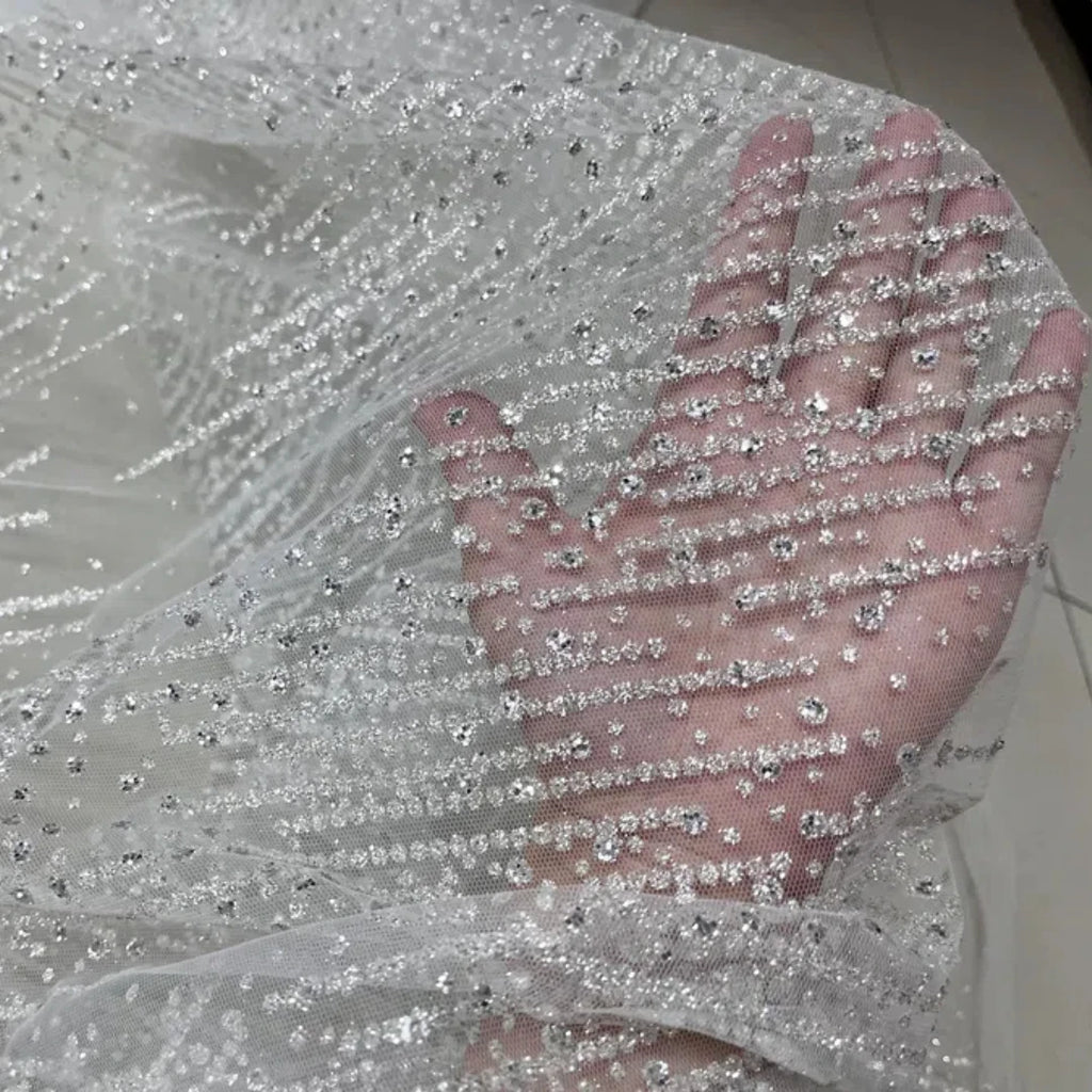 Vertical stripe spray silver hot stamping shiny powder hot stamping sequin lace wedding dress fabric