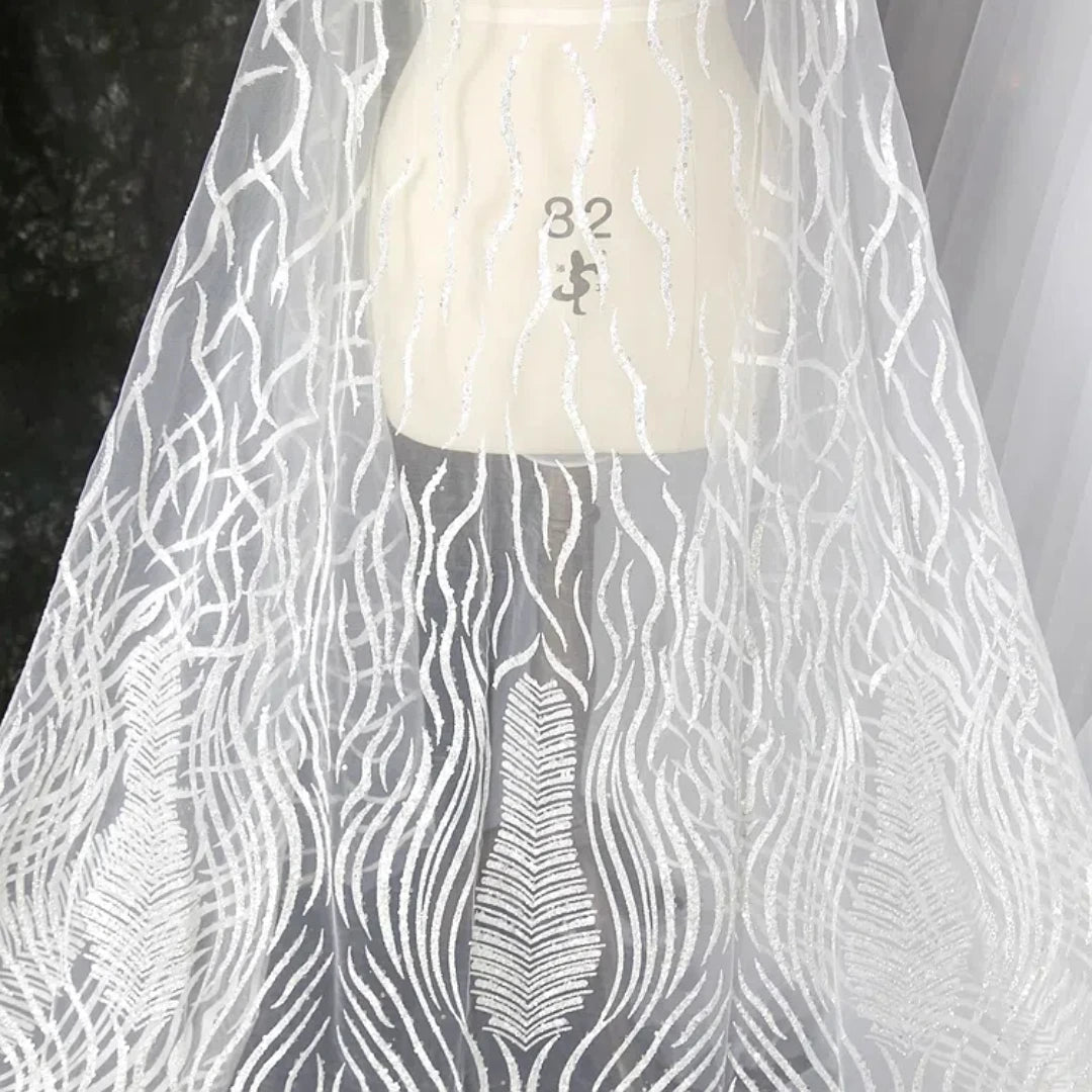 Shining Foil Stamping Spray Wave Glitter Powder Mesh Embroidery Lace Fabric Wedding Dress Handmade Decorative Fabric Material