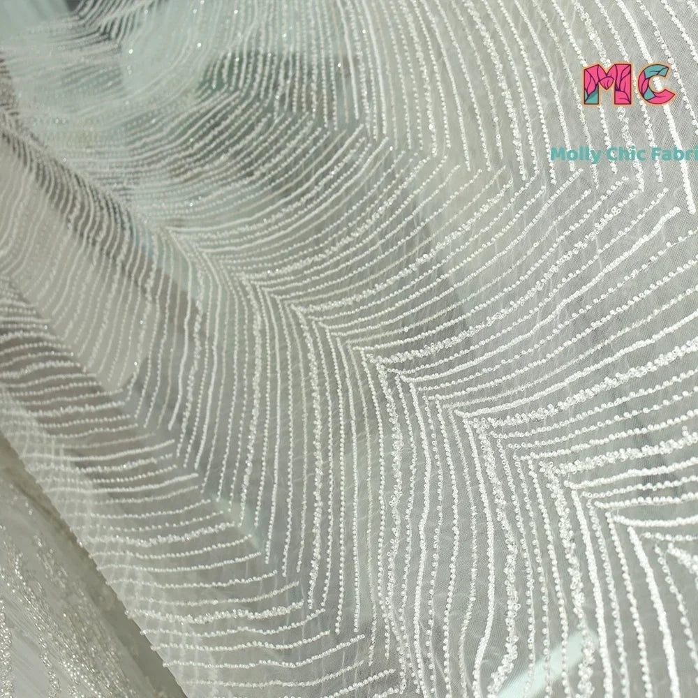 New Feather Pattern Bead Embroidery Mesh Fabric Sewing Wedding Dress And Evening Dress DIY High End Customized Clothing Fabric