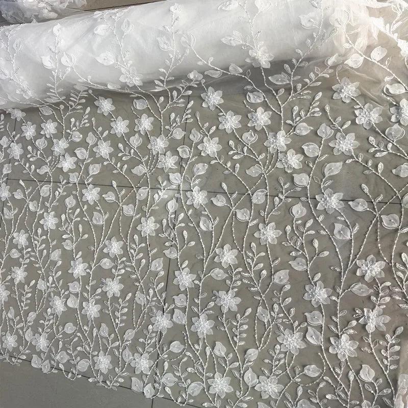 Deluxe Embroidered Lace Fabric - Sequins Beads Leaf Petal Wedding Material