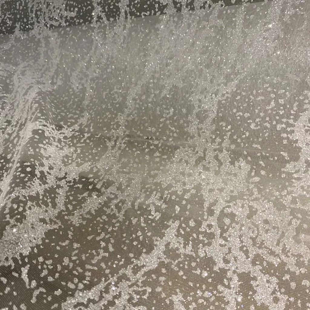 ختم ساخن، رش فضي، مسحوق لامع، خريطة شبكية شفافة، نمط بقع غير منتظم، قماش فستان زفاف شبكي