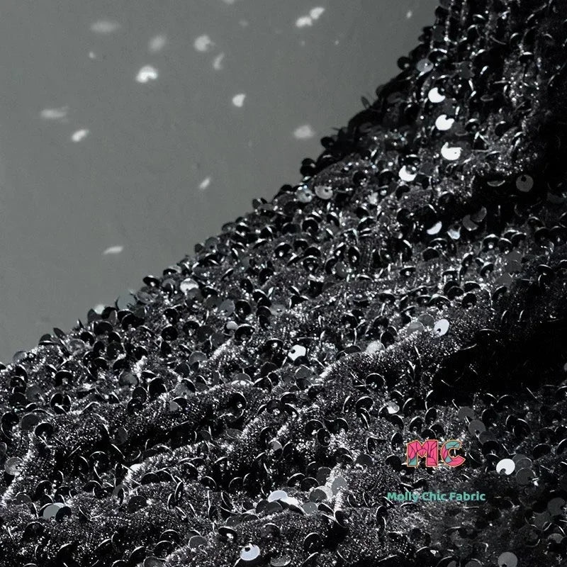 Tela elástica de terciopelo con lentejuelas y bordado tridimensional para costura de vestidos de noche y ropa.