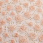 Tela de encaje con corona de rosas naranja y rosa con bordado dorado para vestido de verano de mujer, elegante material floral para costura de moda.