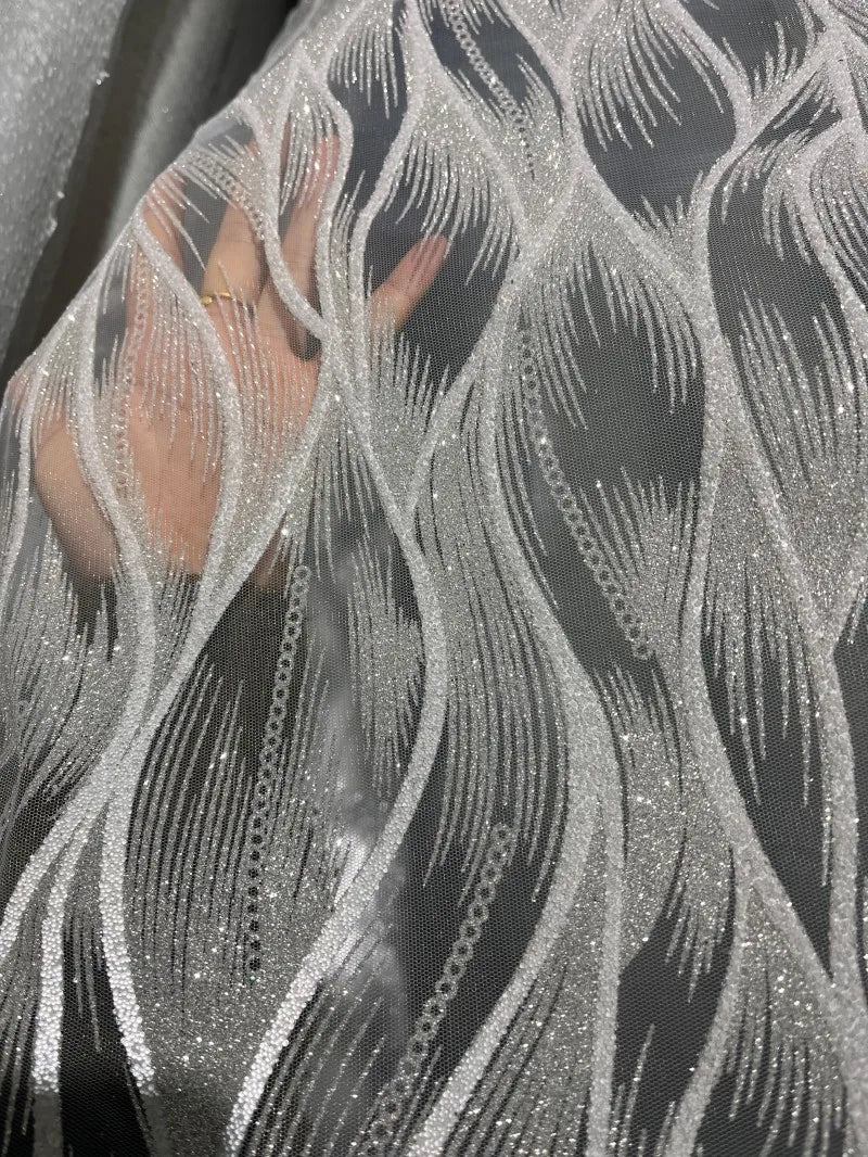 Tela de encaje de malla brillante de lujo con tul bordado de ondas plateadas brillantes para vestido de noche, material de costura DIY