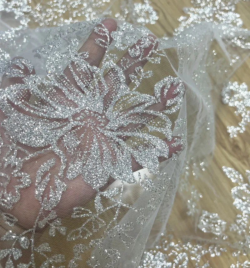 New shiny big flower hot silver powder glitter fabric for wedding dresses, lace transparent mesh accessories, yarn fabric