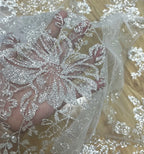 New shiny big flower hot silver powder glitter fabric for wedding dresses, lace transparent mesh accessories, yarn fabric