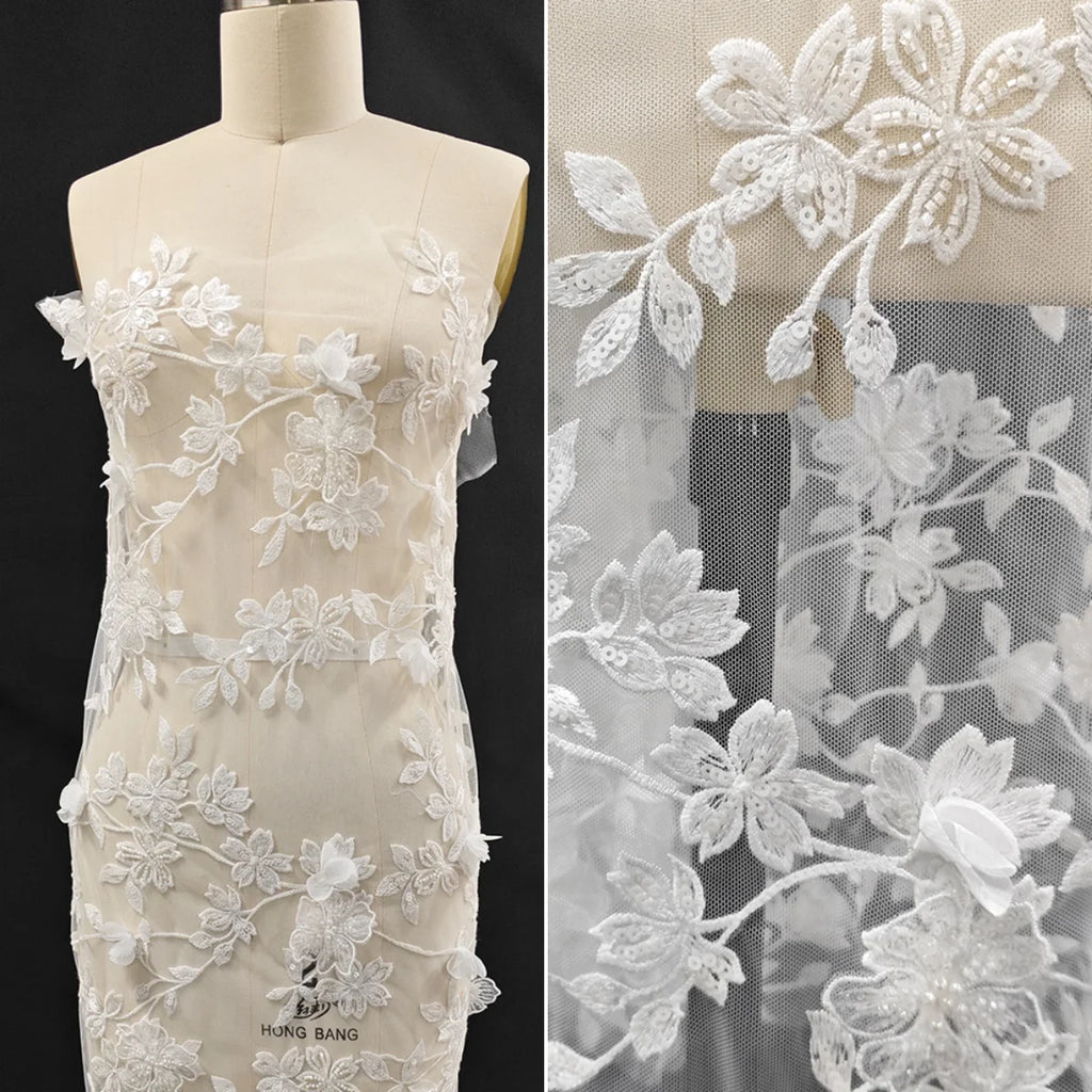 Nuevo vestido de novia de lujo con flores tridimensionales hecho a mano, tela de encaje DIY, vestido de noche, pañuelo para la cabeza, qipao blanco crudo