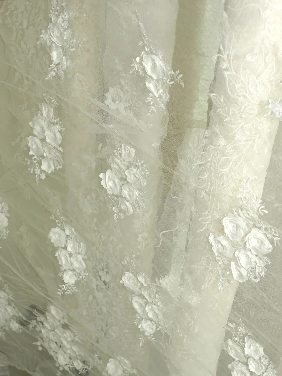 3D Rose Embroidered Mesh Fabric - Lightweight Sheer for Bridal Gowns