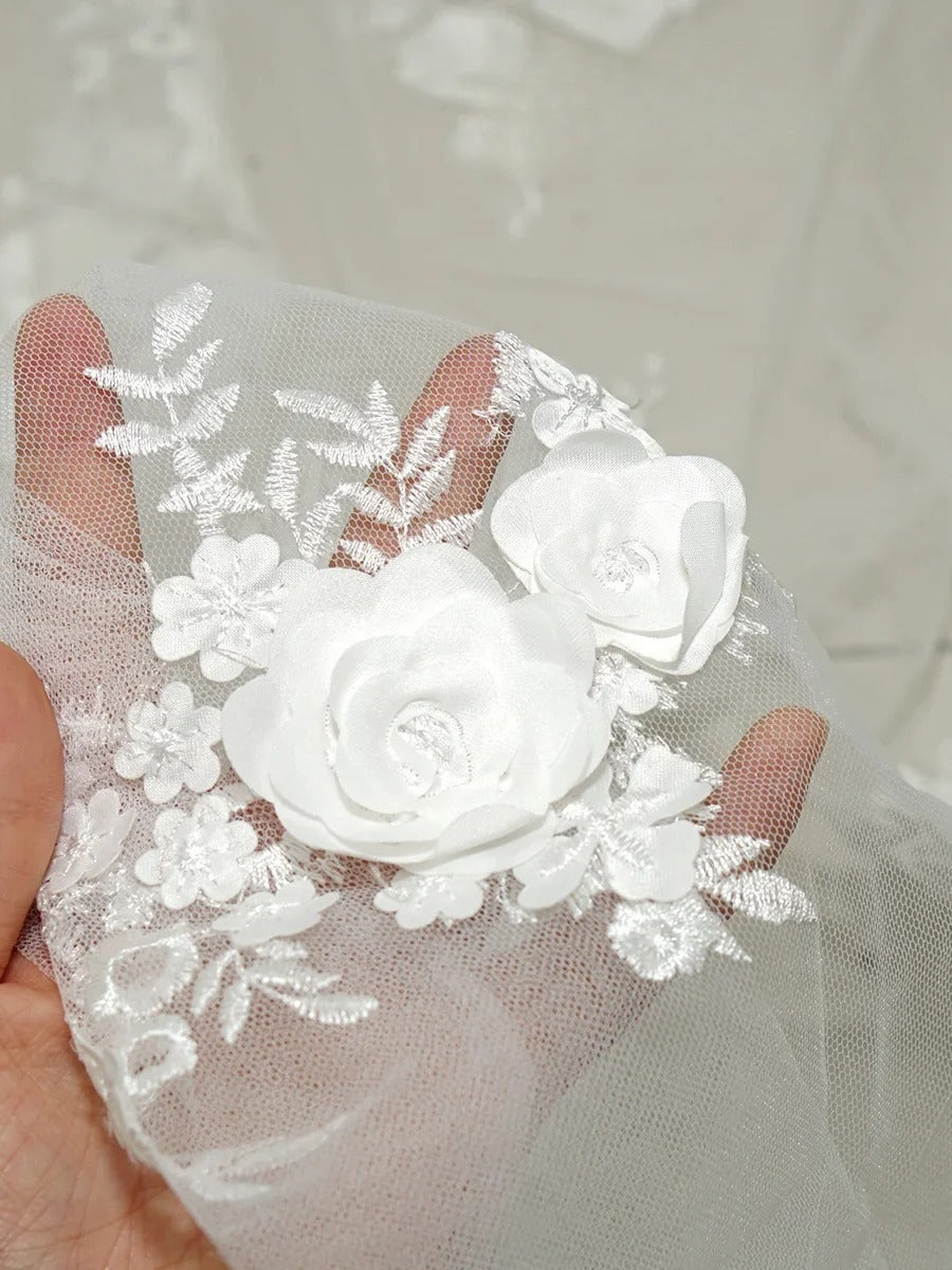 3D Rose Embroidered Mesh Fabric - Lightweight Sheer for Bridal Gowns